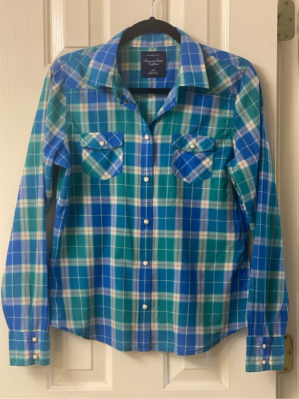 American Eagle Outfitters Blue Plaid Long Sleeve Snap Closure Shirt Size Large